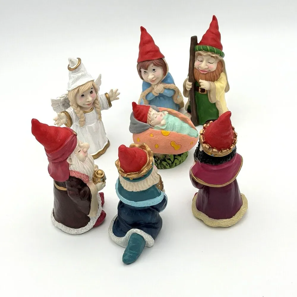 Vintage Gnome Nativity Set 7 Piece Resin Christmas Village Manger Scene